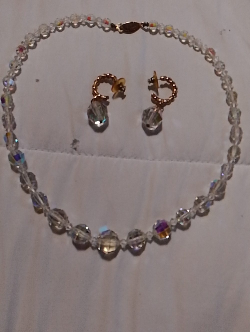 Crystal Bead Necklace and Hoop Drop Earrings - Clear
